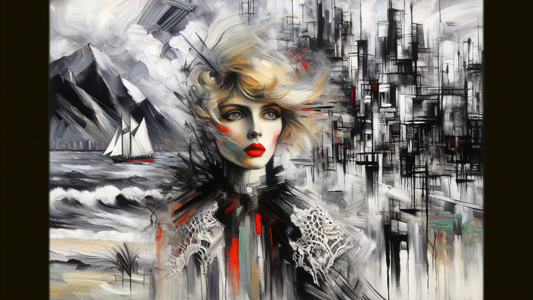 Female Figure Amidst Abstract Black and White Chaos