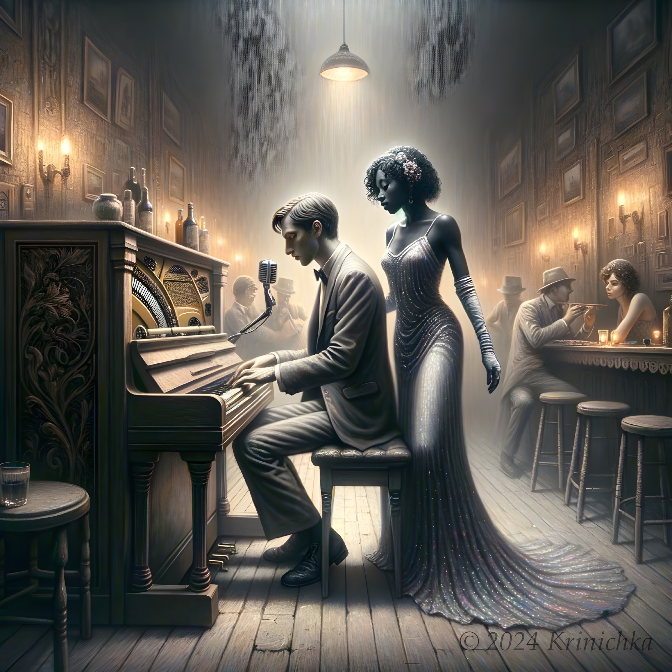 Man playing piano in vintage bar with woman, patrons, dim lighting