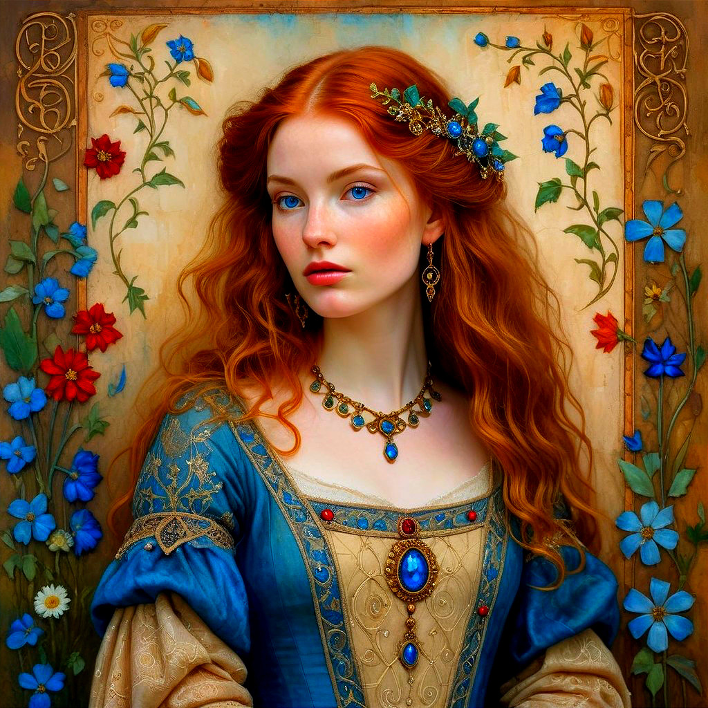 Young woman in blue gown with floral crown and backdrop