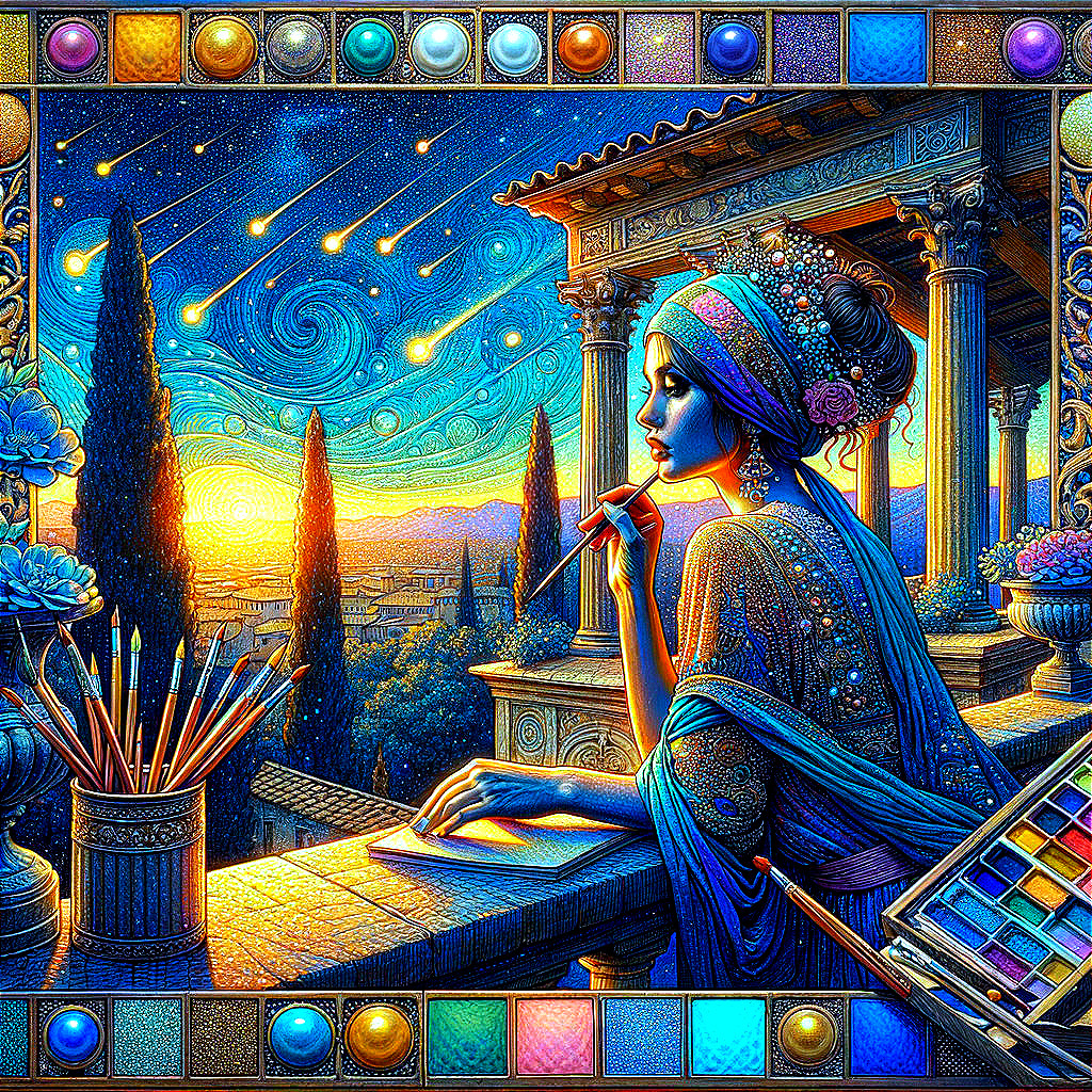 Woman in Blue Dress Contemplates at Ancient Balcony