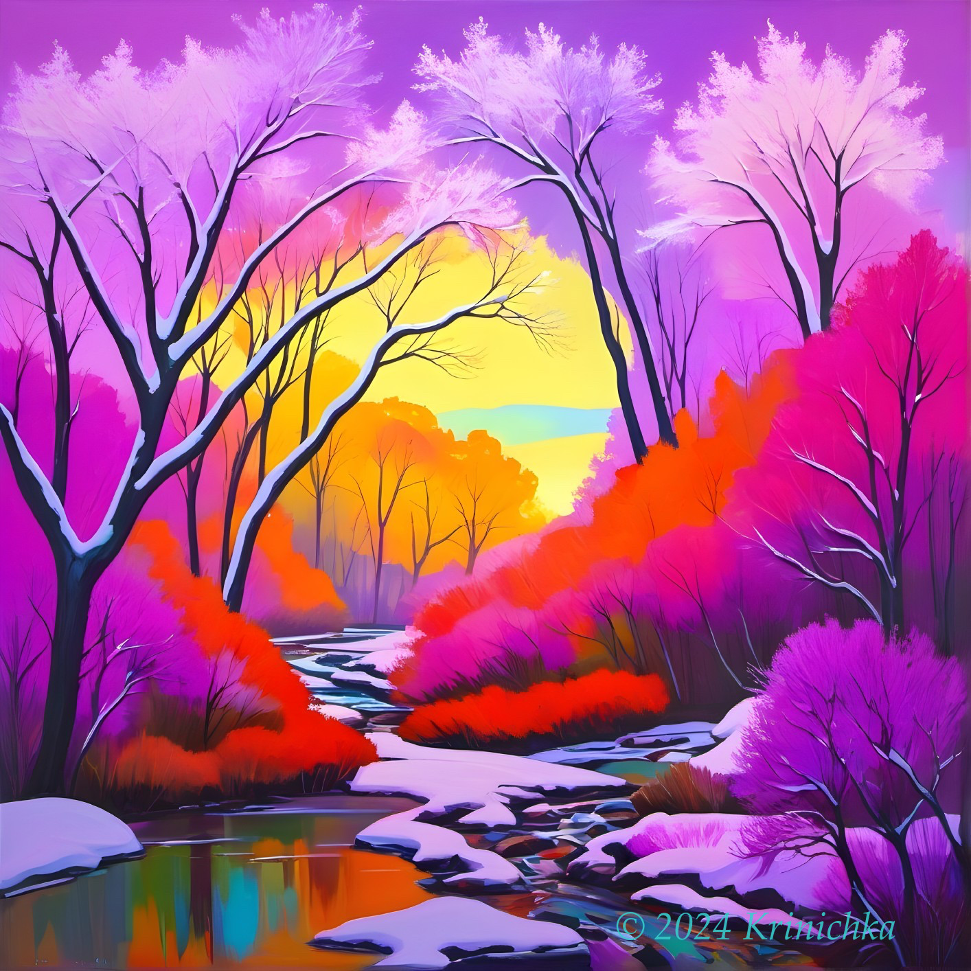 Serene river painting with pink and purple forest under sunset sky