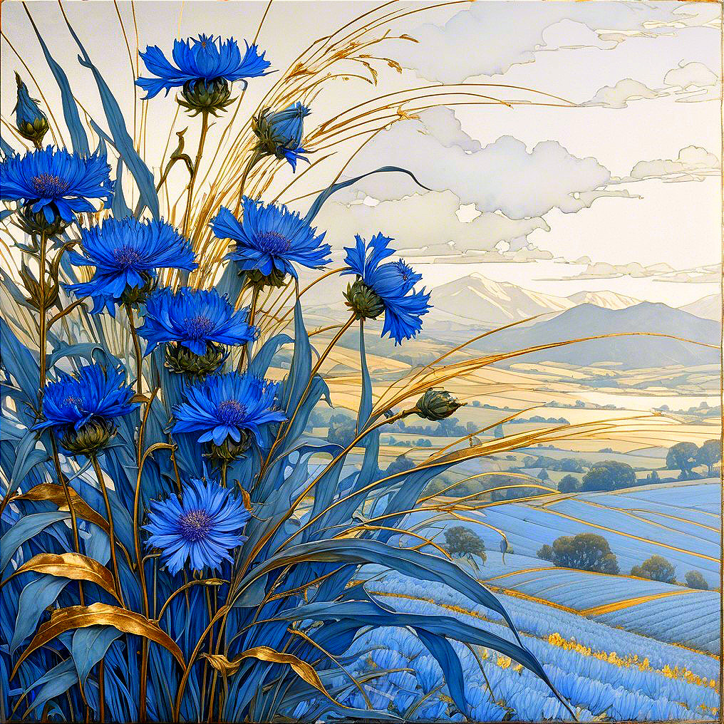 Vibrant Blue Flowers with Lush Green Foliage and Hills