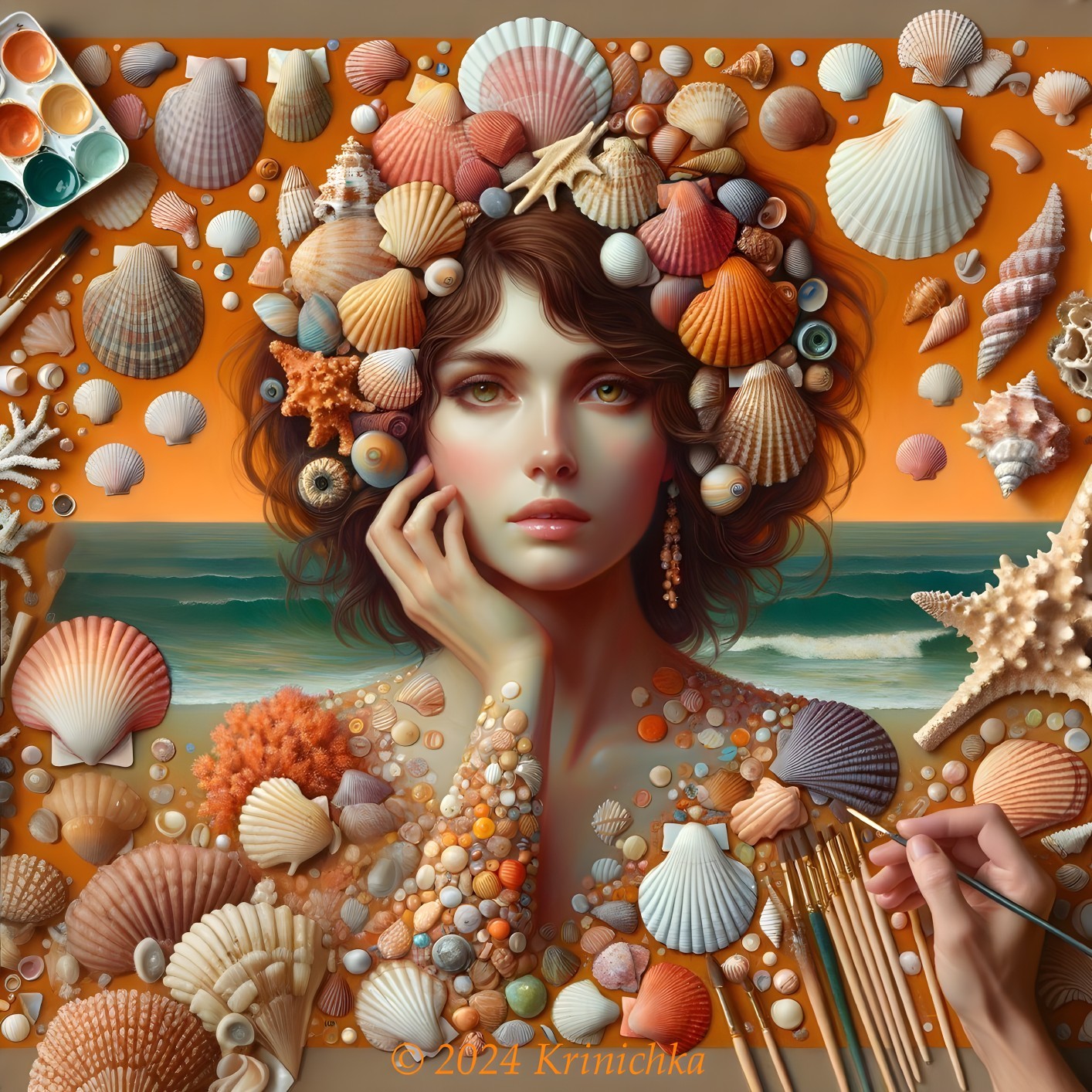 Surreal portrait of woman with sea elements and paintbrush