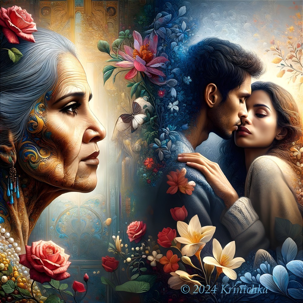 Digital Artwork of Woman with Floral Motif and Couple