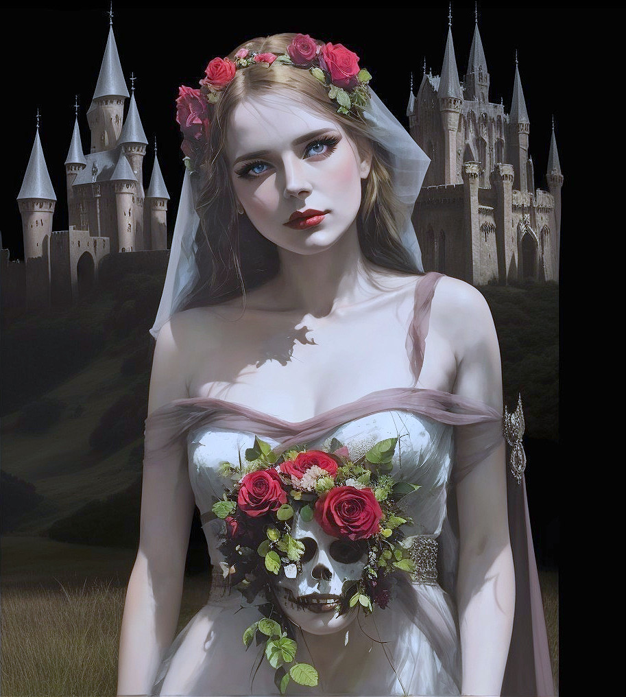 Ethereal Woman in Gown with Skull and Roses at Castle