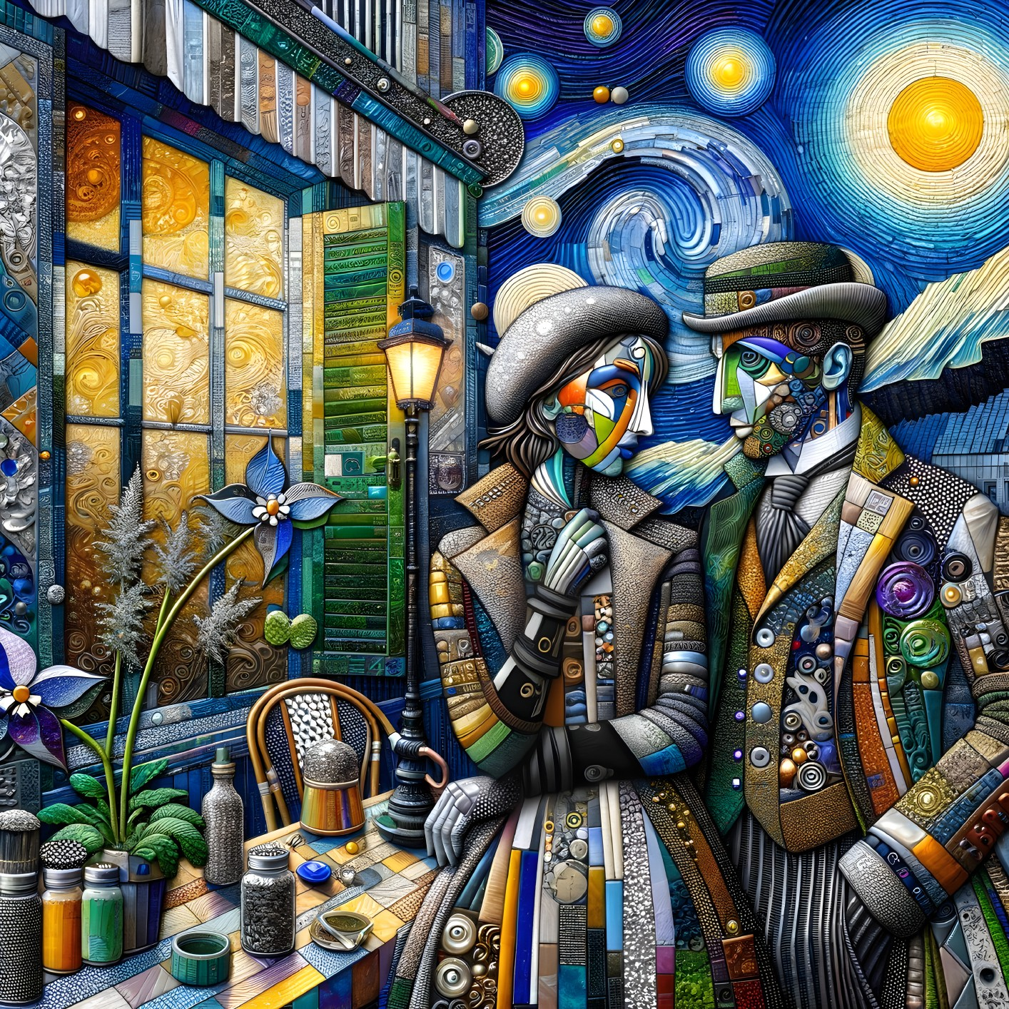 Couple in Vintage Attire at Enchanting Café Scene