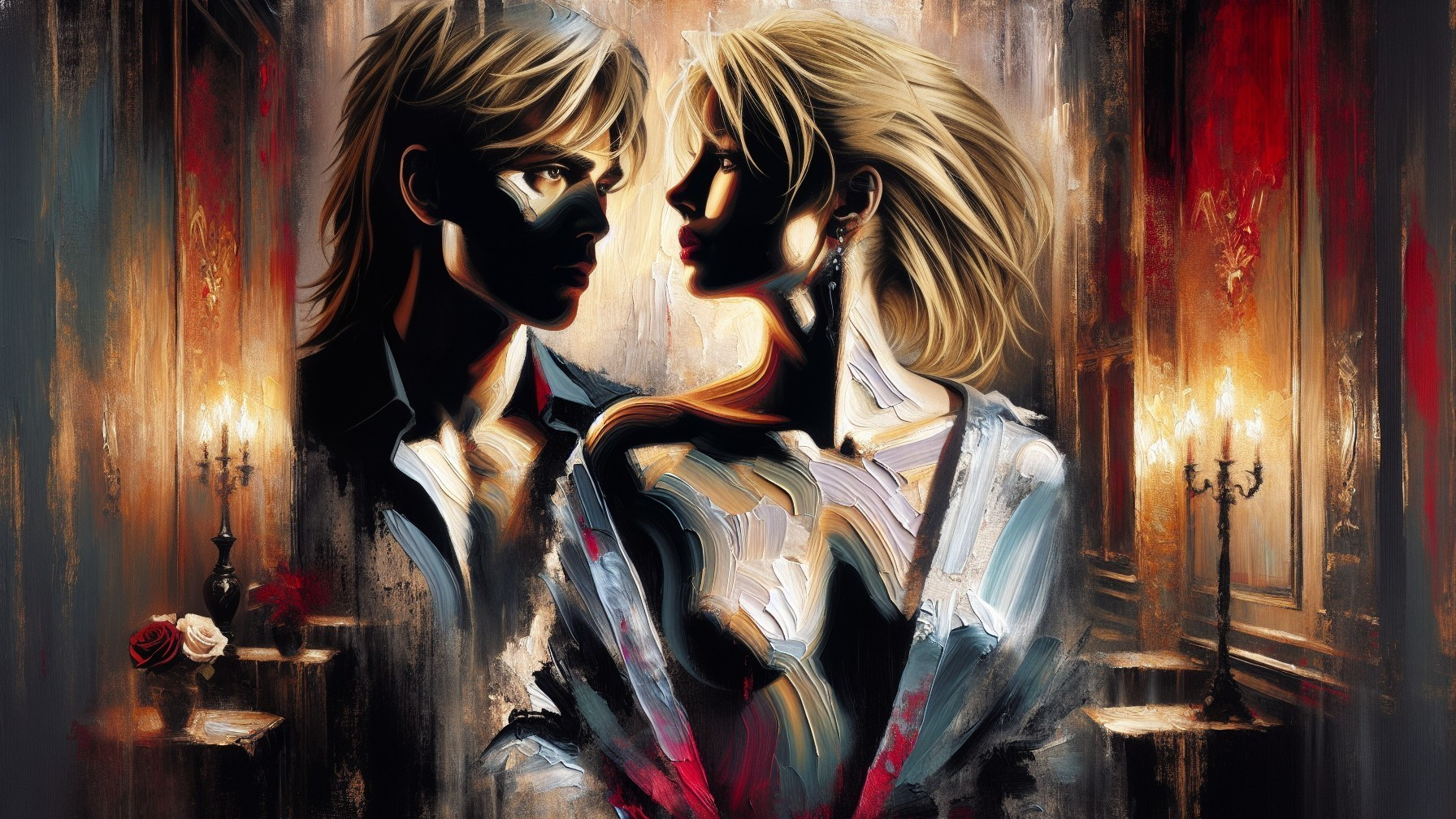 Intense Gaze Between Two Figures in Romantic Setting