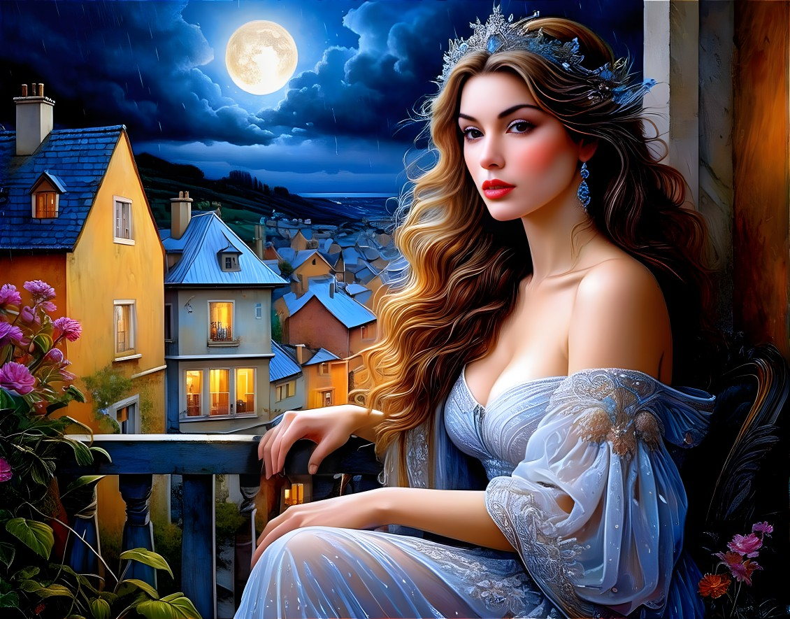 Illustrated woman with long hair and tiara on balcony gazes at village under full moon