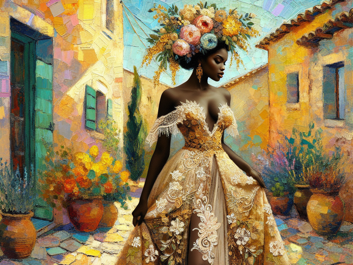 Elegant Woman in Floral Gown in Vibrant Village