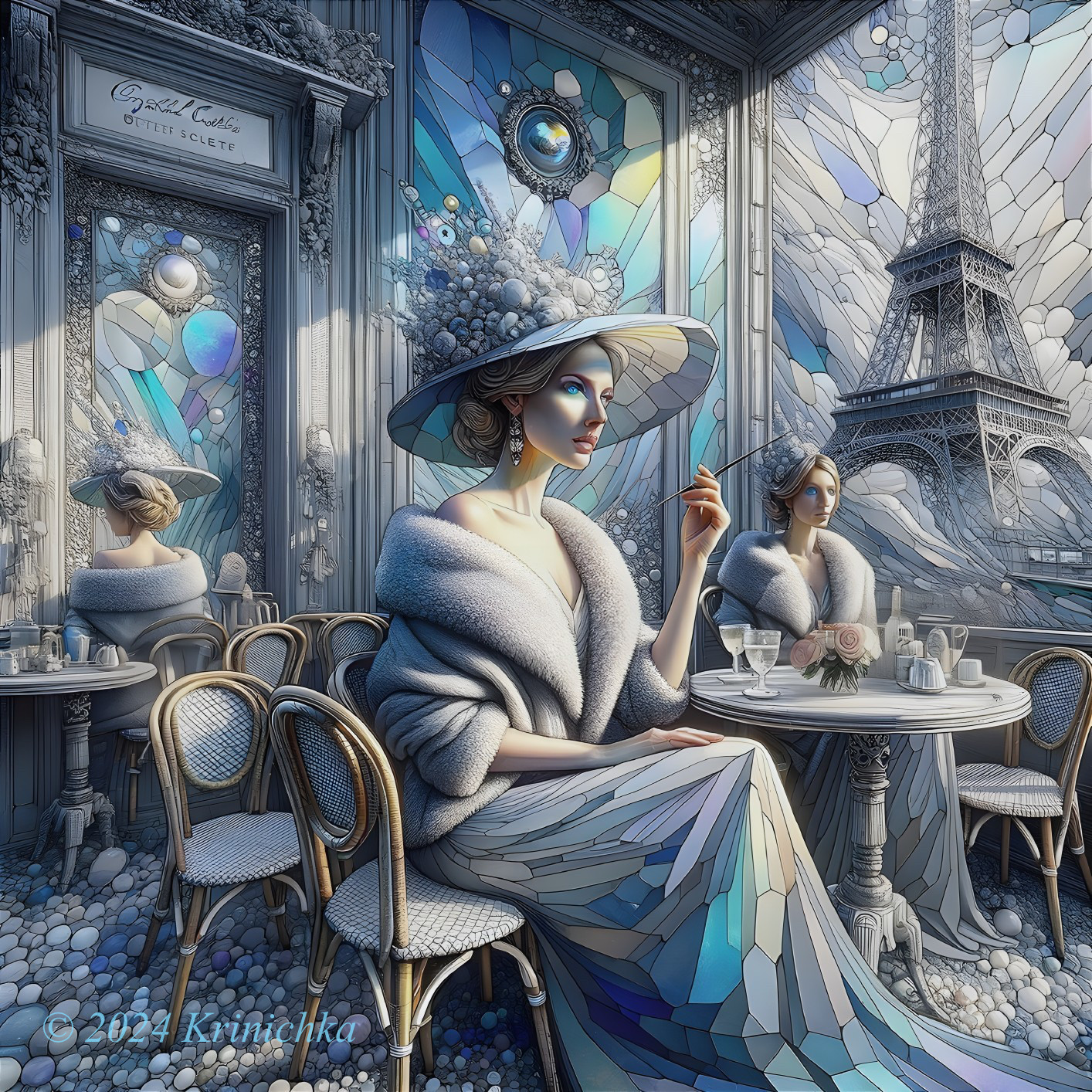 Elegant Woman at Cafe with Eiffel Tower View