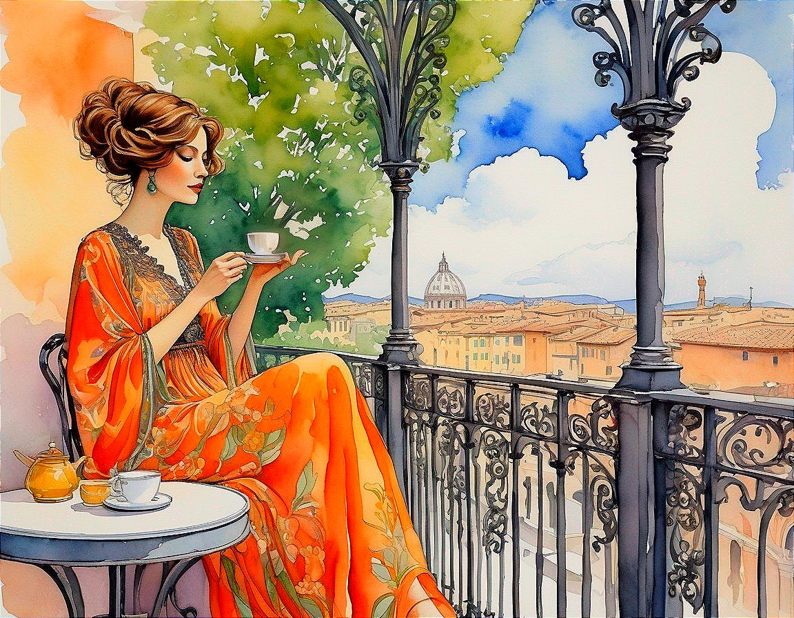 Woman in Orange Floral Gown on Balcony with City View
