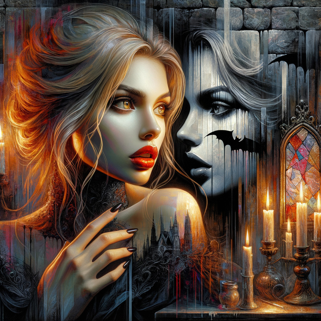 Ethereal Woman in Gothic Setting with Mirror Reflection