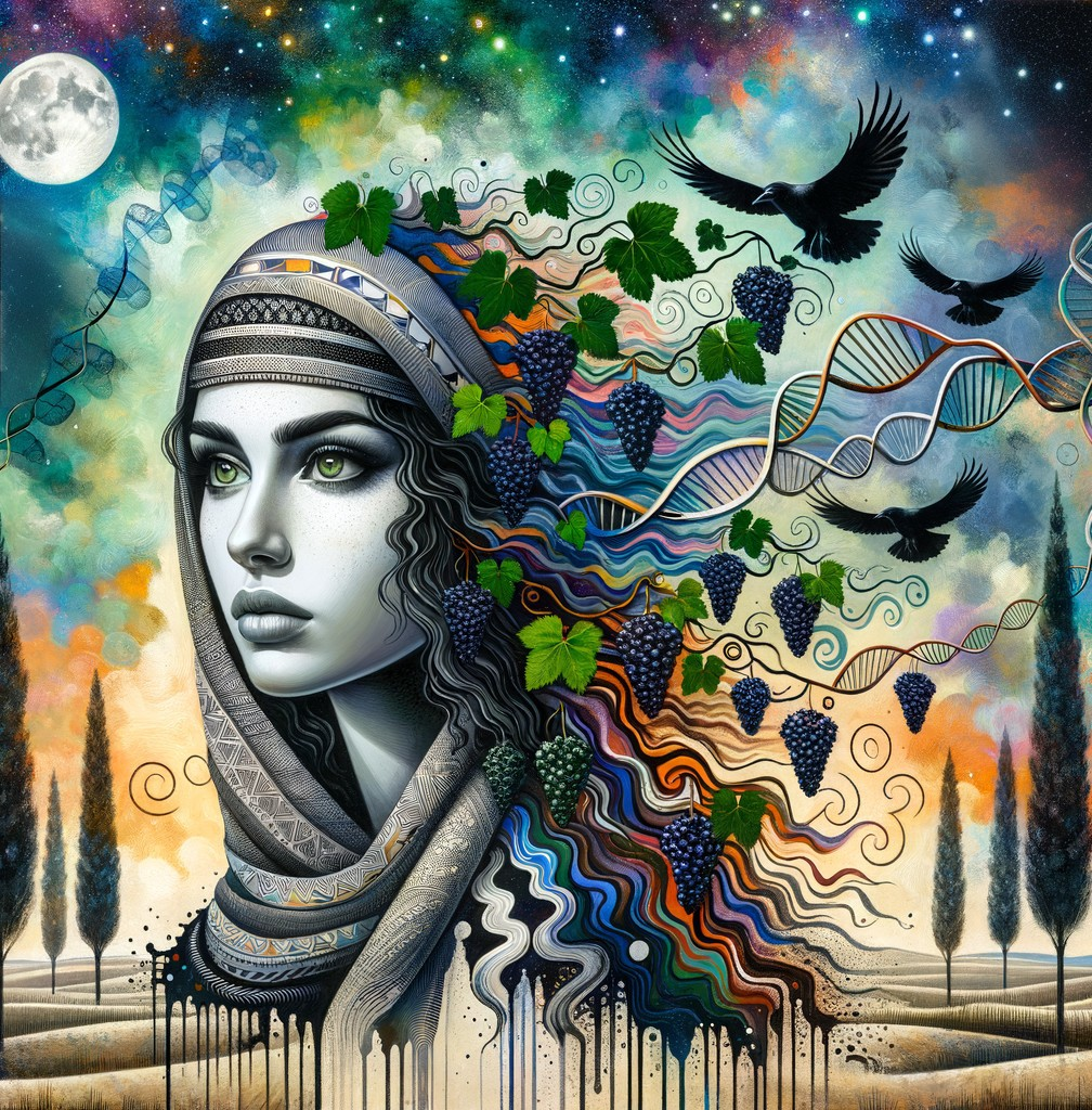 Female Figure with Grape Vines and Cosmic Backdrop