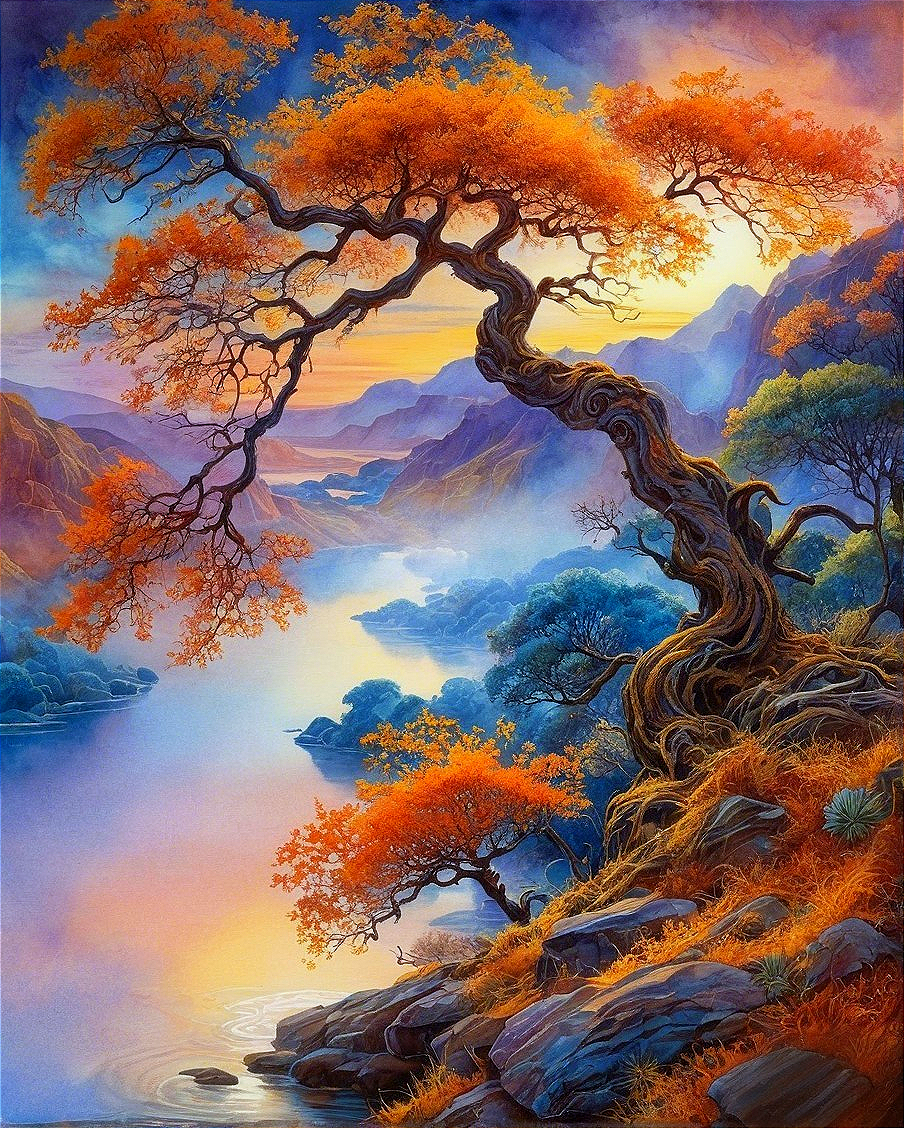 Twisted Tree with Orange Foliage Overlooking River