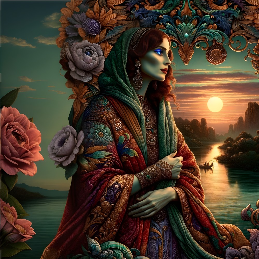 Colorful Illustration: Woman in Ornate Garments by Sunset River