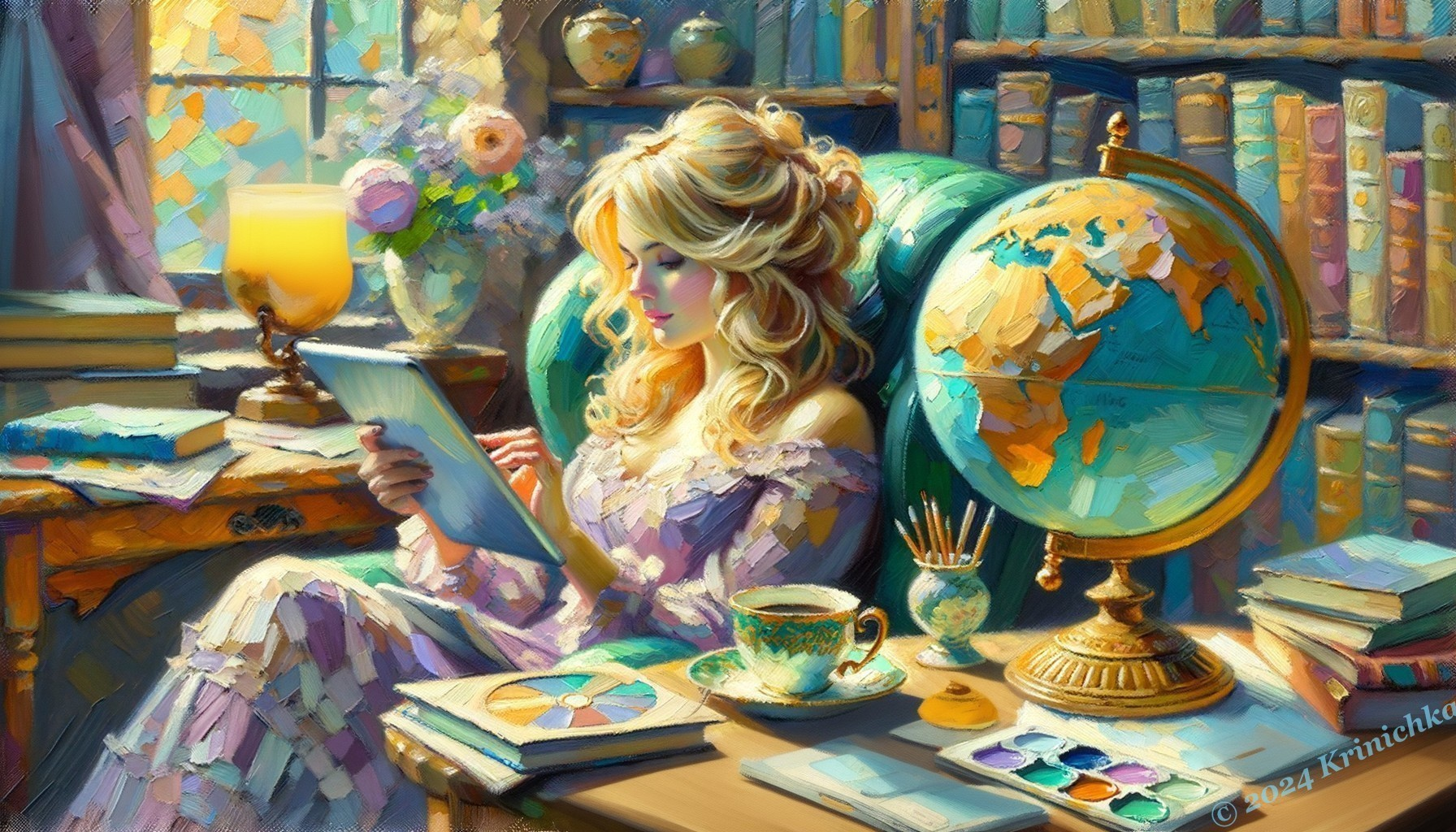 Cozy Library Scene with Young Woman Reading a Book