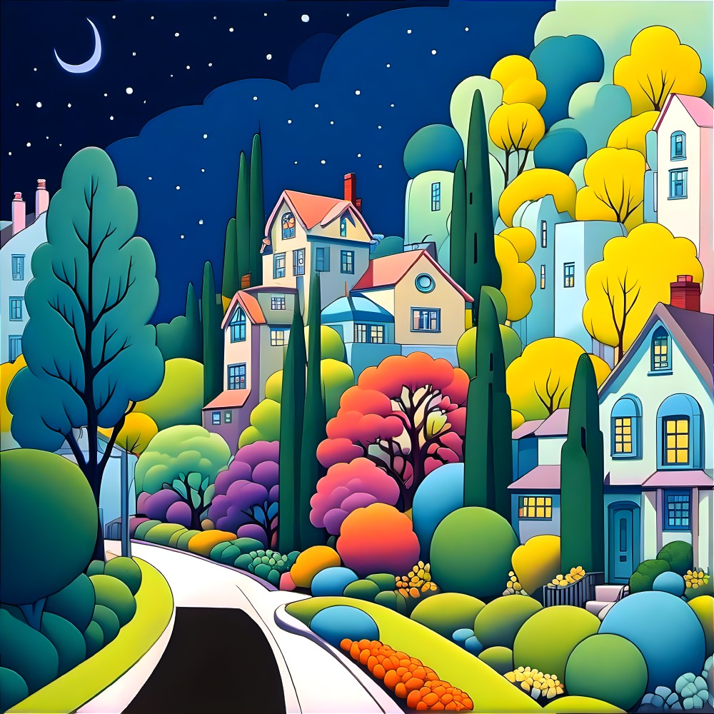 Whimsical Village Under Crescent Moon