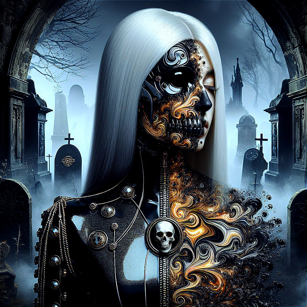 Surreal Figure in Graveyard with Gears and Skeleton