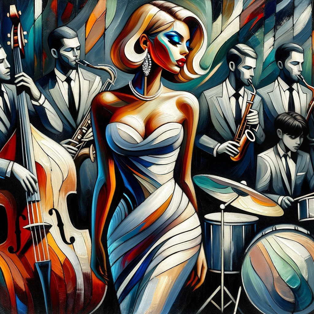 Vibrant Jazz Scene with Elegant Woman in White Dress