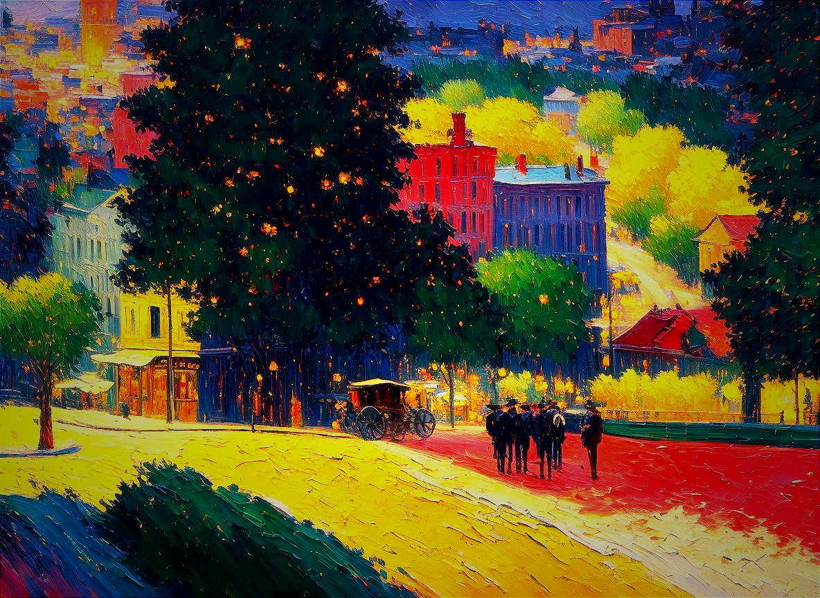 Colorful impressionist street scene with buildings, trees, figures, and horse-drawn carriage.