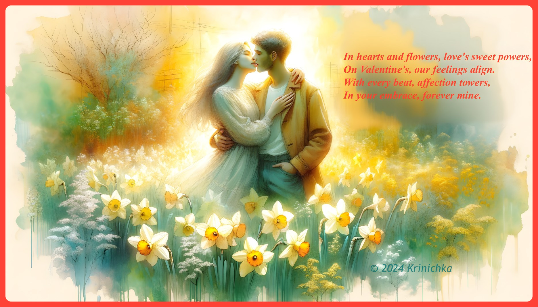 Couple Embracing in Daffodil Field Illustration