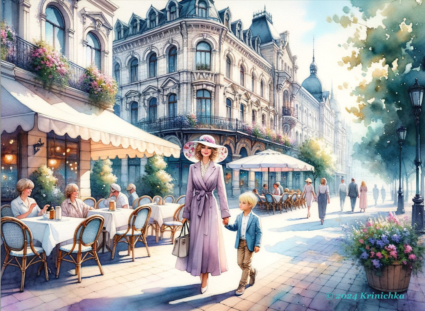 Charming Street Scene with Joyful Stroll and Cafés