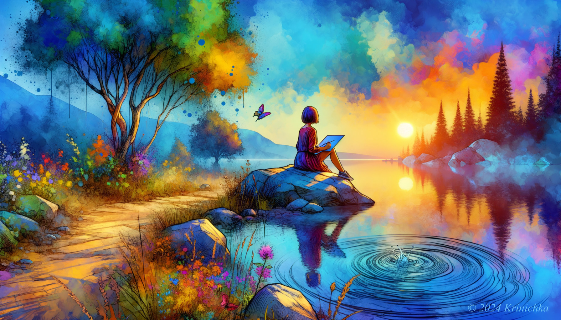 Colorful Sunset Over Tranquil Lake Landscape