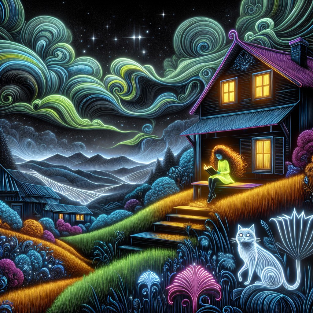 Cozy Night Scene with Woman, Cat, and Vibrant Flora