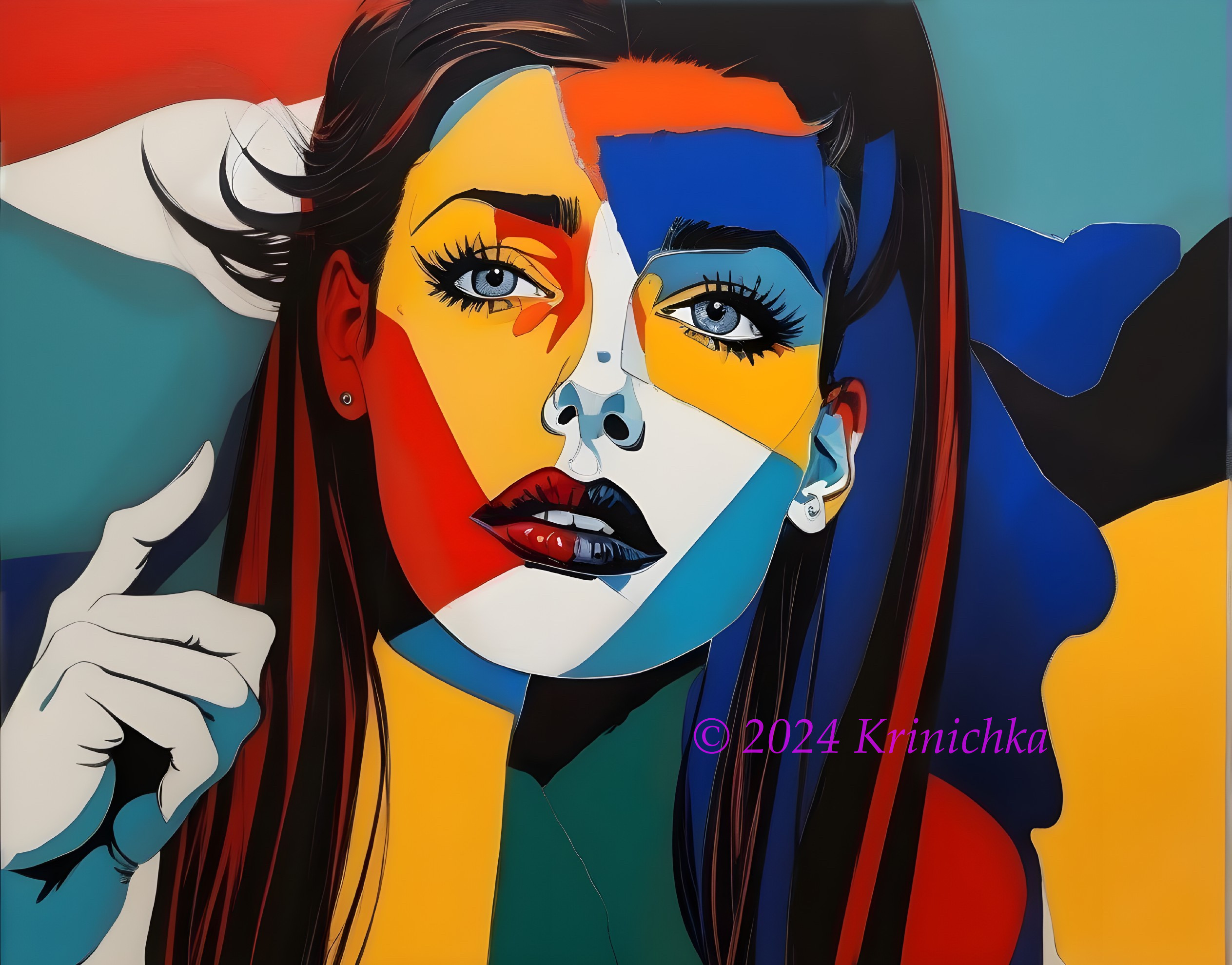 Vibrant abstract portrait of a woman with multicolored facial features