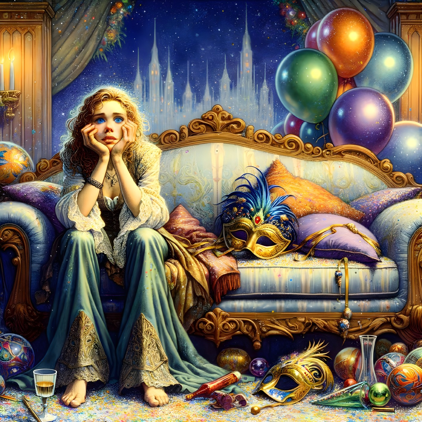 Luxurious sofa setting with balloons, masks, and champagne.