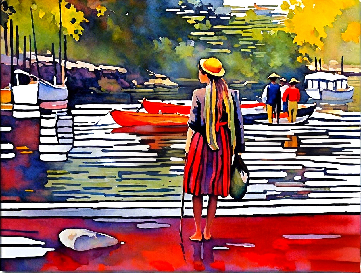 Woman in Red Skirt by Vibrant Riverbank with Boats