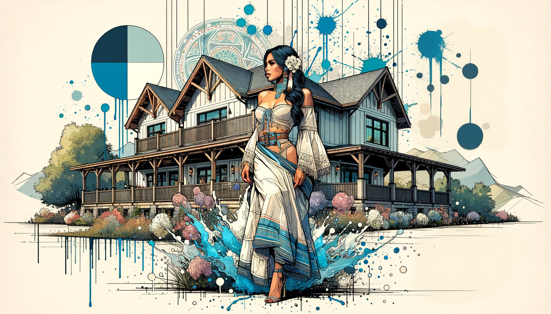 Illustration of woman in ornate attire by detailed house with colorful, abstract splashes.