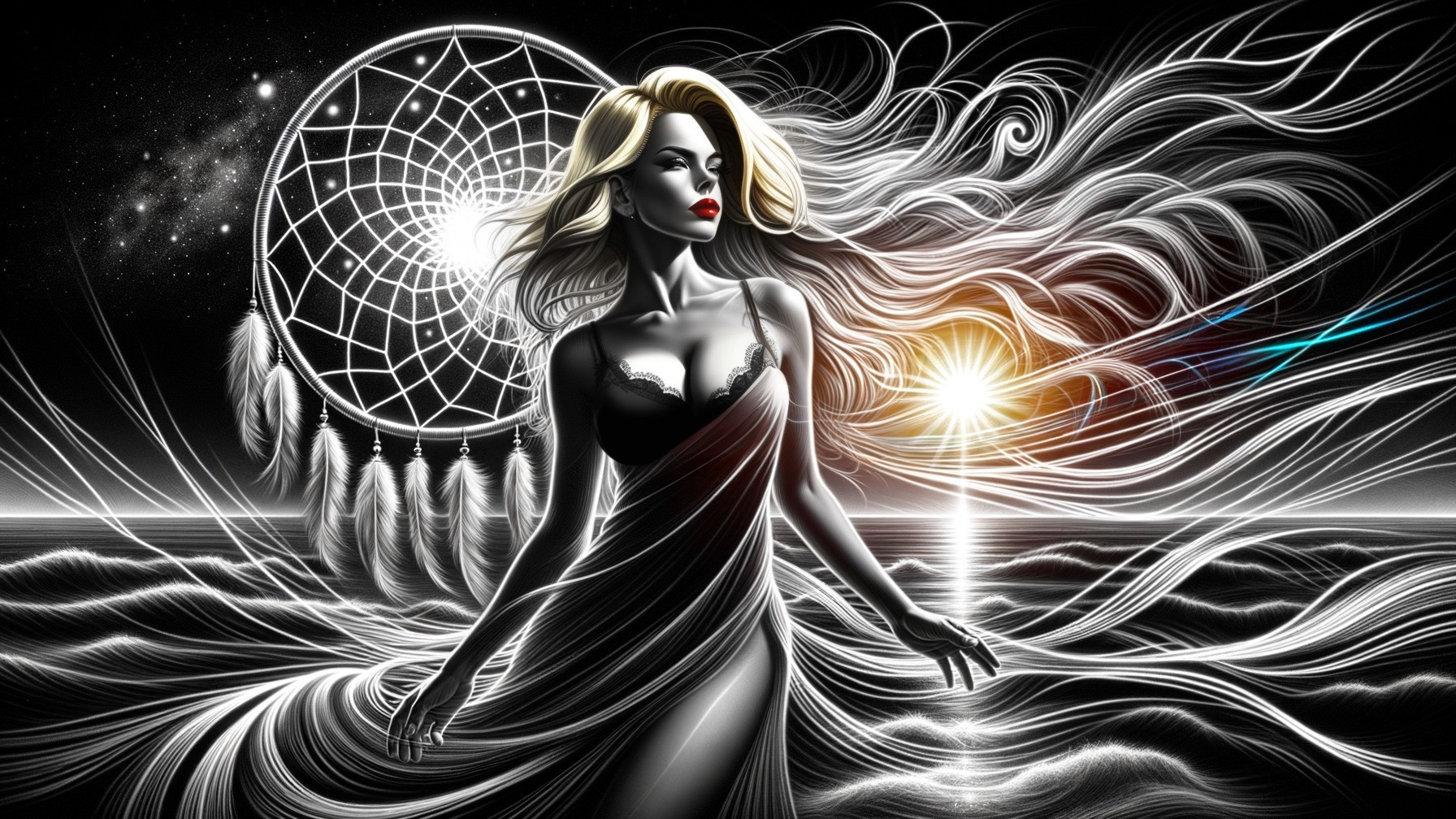 Black and white illustration of a mystic woman and waves