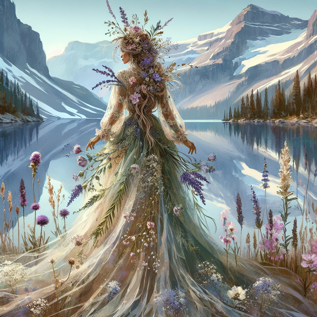 Woman in Floral Gown by Tranquil Lake and Mountains