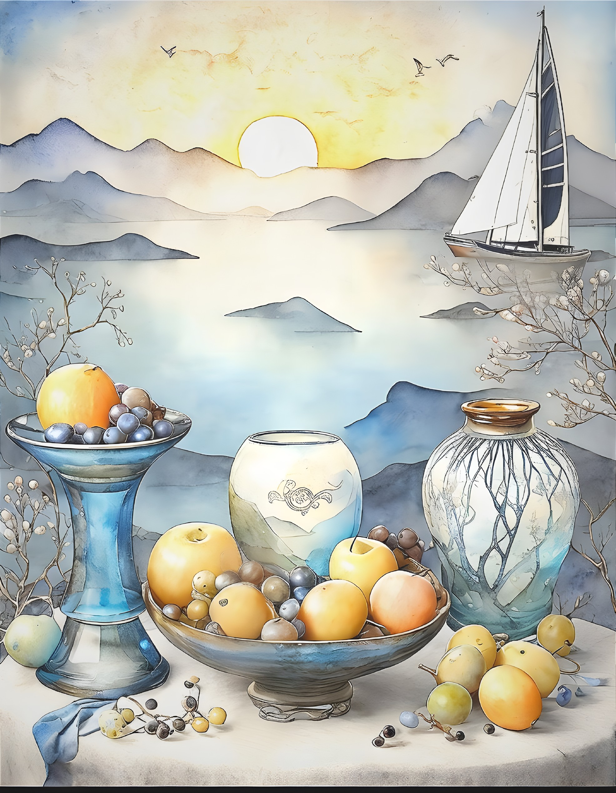 Tranquil seascape painting with sailboat, mountains, sunset or sunrise, and still-life fruit