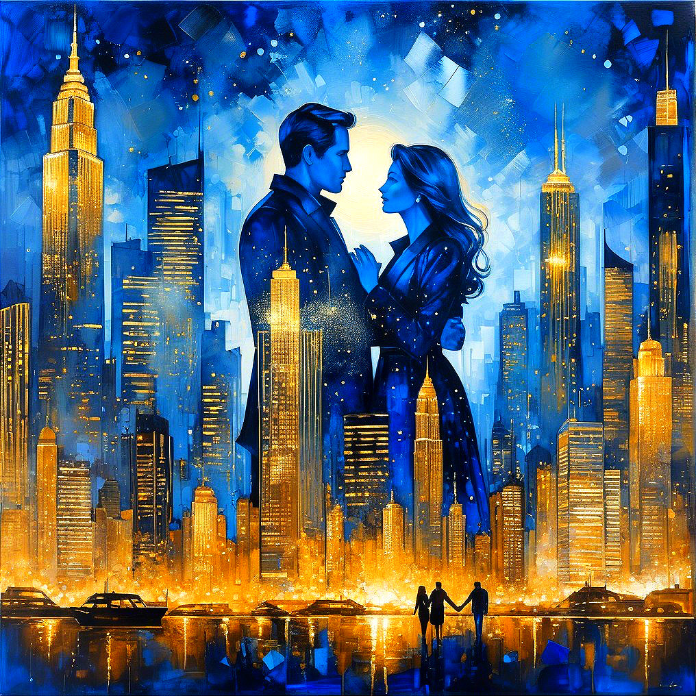 Couple Silhouetted Against City Skyline at Night