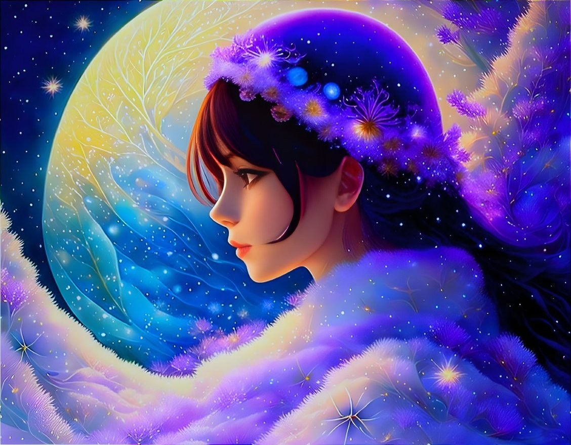 Digital artwork: Woman with floral headband in starry night sky profile.