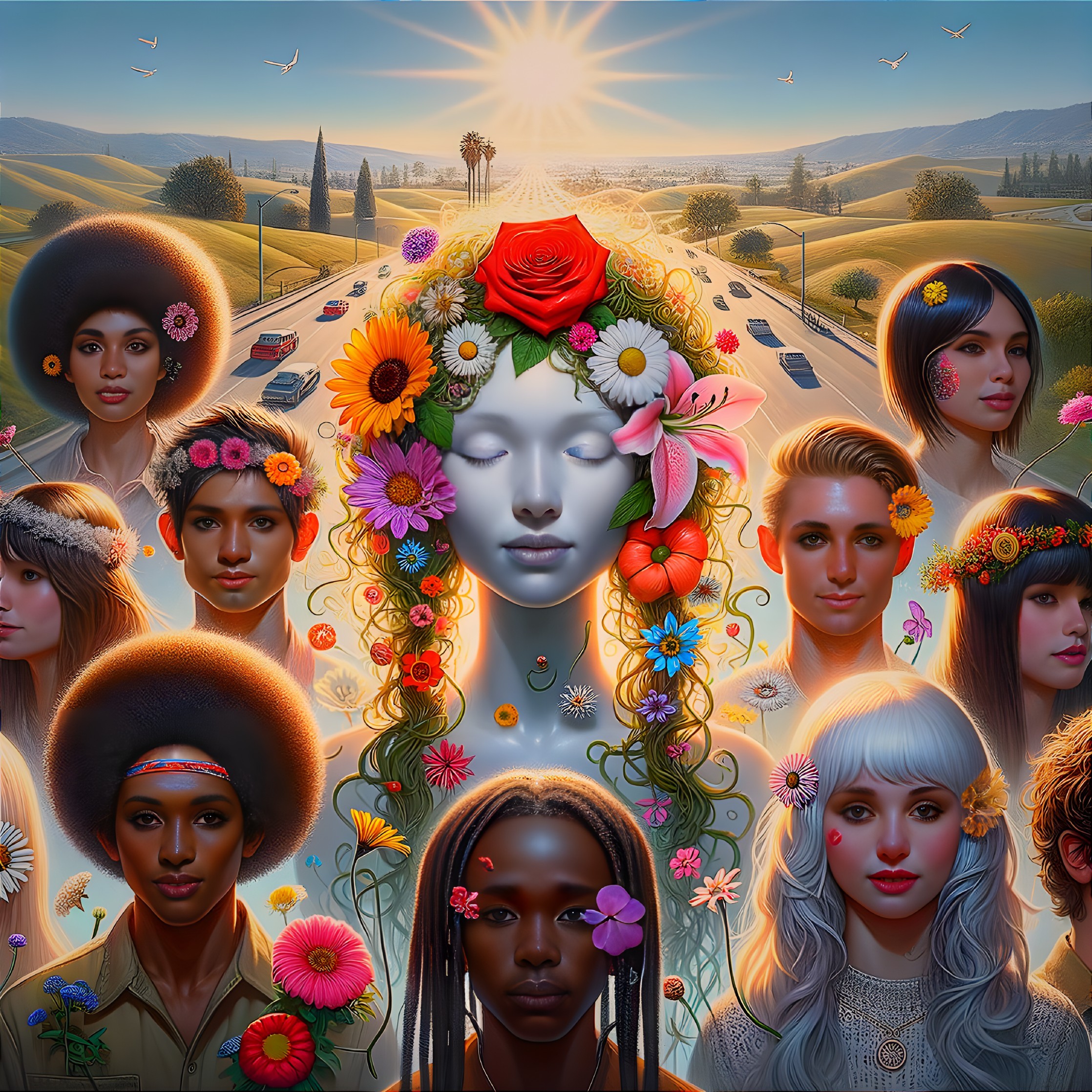 Surrealistic image: Serene face with vibrant flowers and stylized human figures in pastoral setting