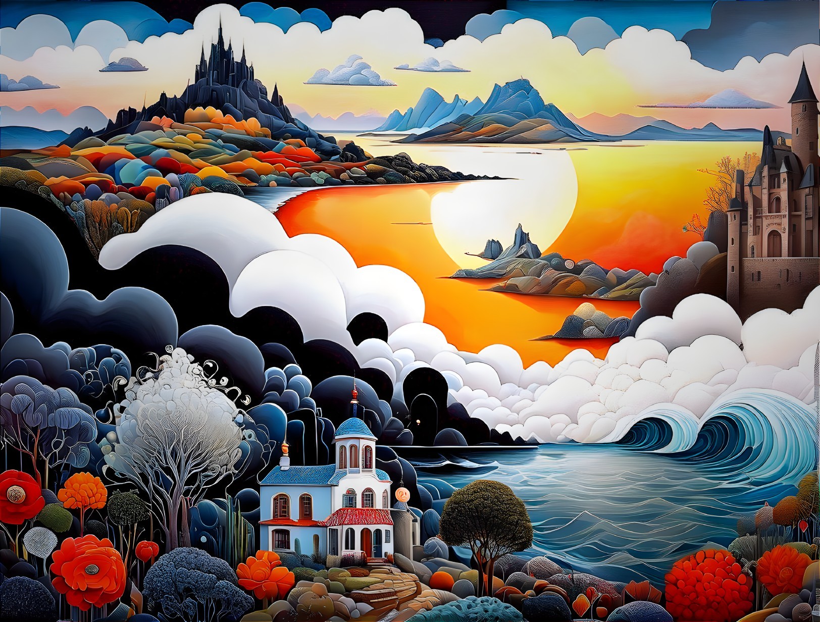 Colorful sunset landscape with castles, mountains, river, and church scenery