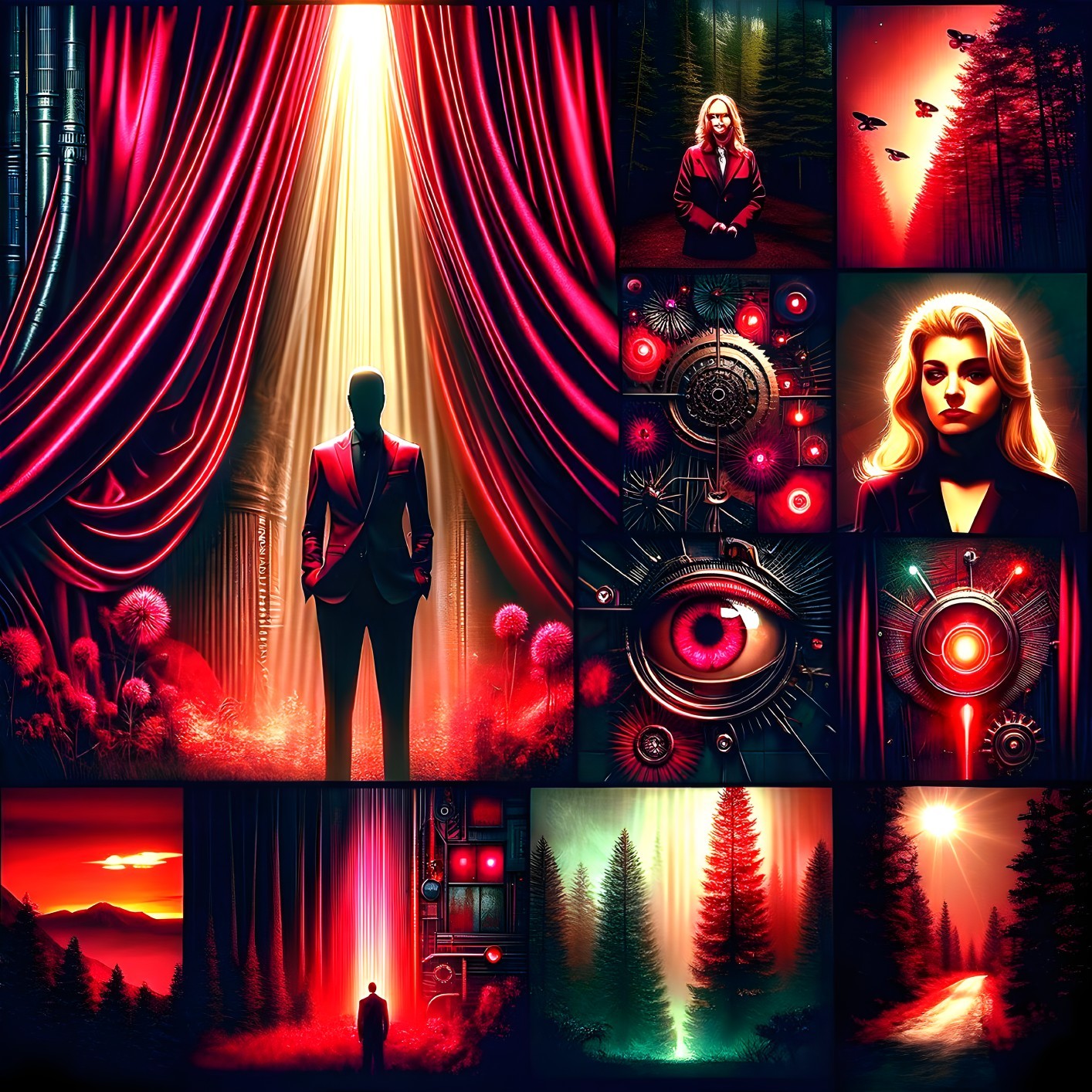 Surreal Collage of Figure in Red Suit and Dramatic Light