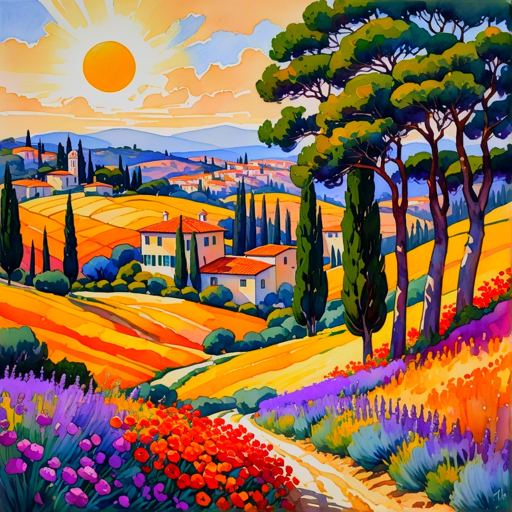 Vibrant Countryside Landscape with Sunflowers and Hills