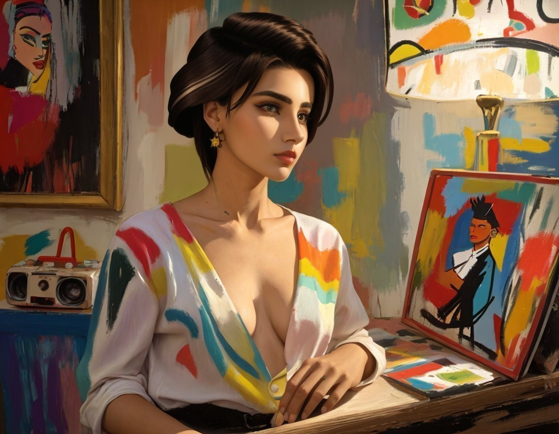 Woman in Abstract Art Studio with Colorful Blouse