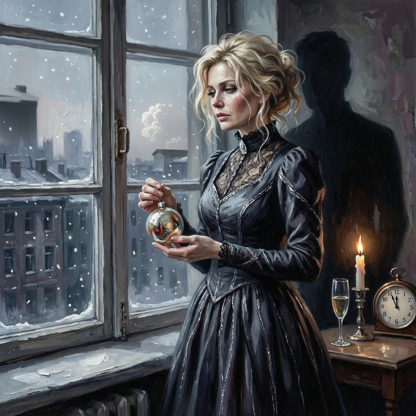 Woman in Black Dress by Window with Snow and Ornament