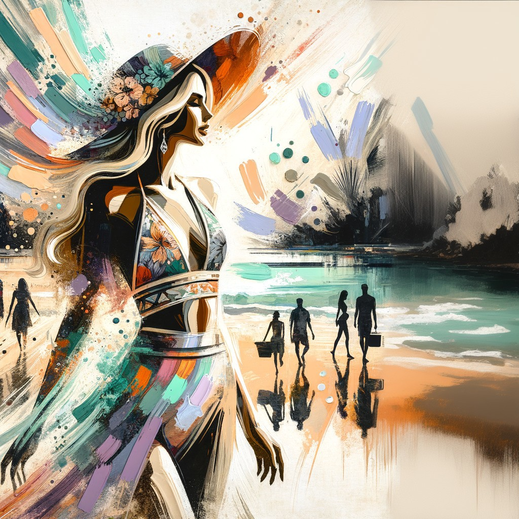 Vibrant Beach Scene with Woman in Colorful Swimsuit