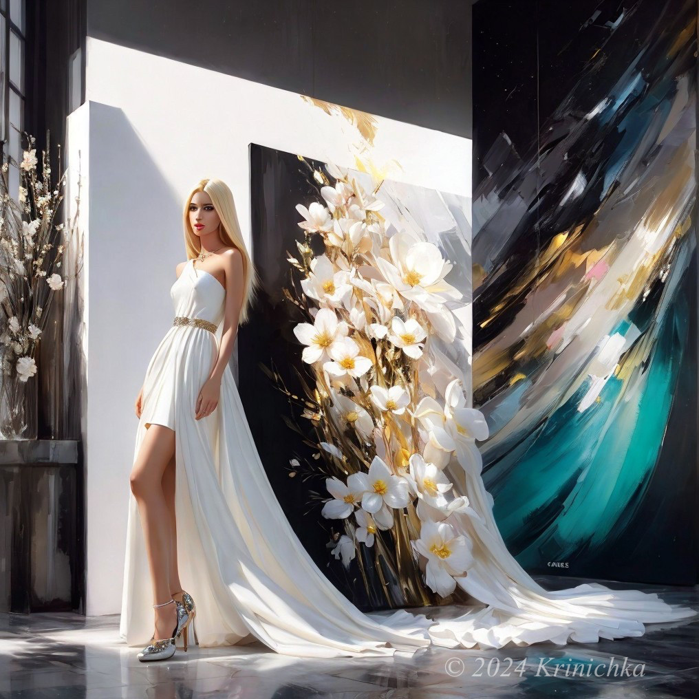 Elegant Woman in White Dress Beside Abstract Painting