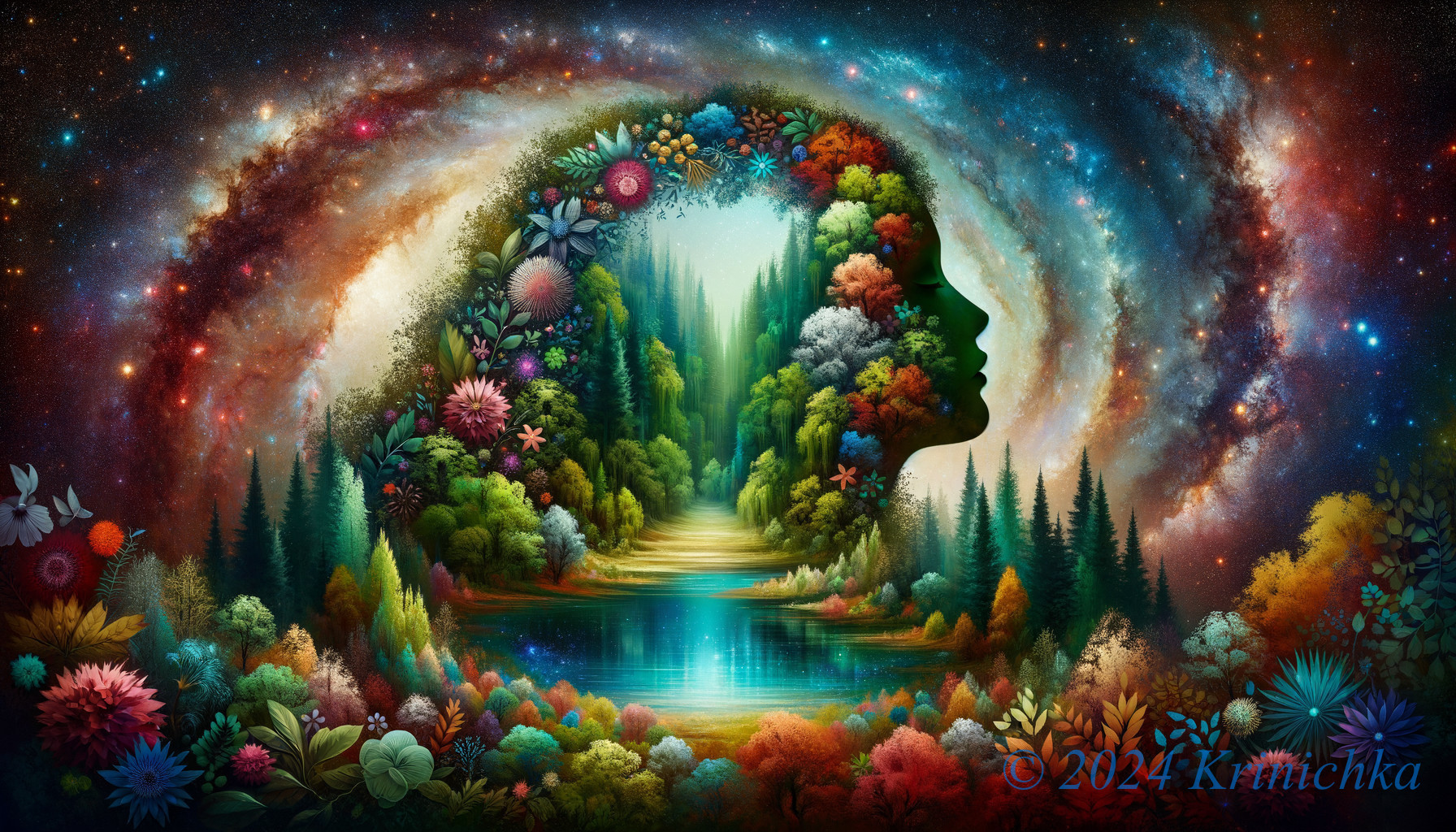 Surrealist Landscape with Forest and Cosmic Lake