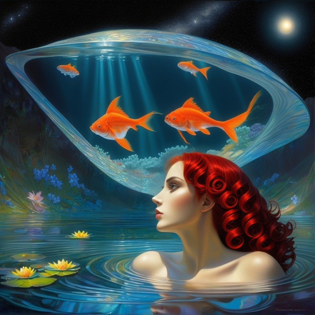 Surreal image: Woman with red hair like water lilies under starry night