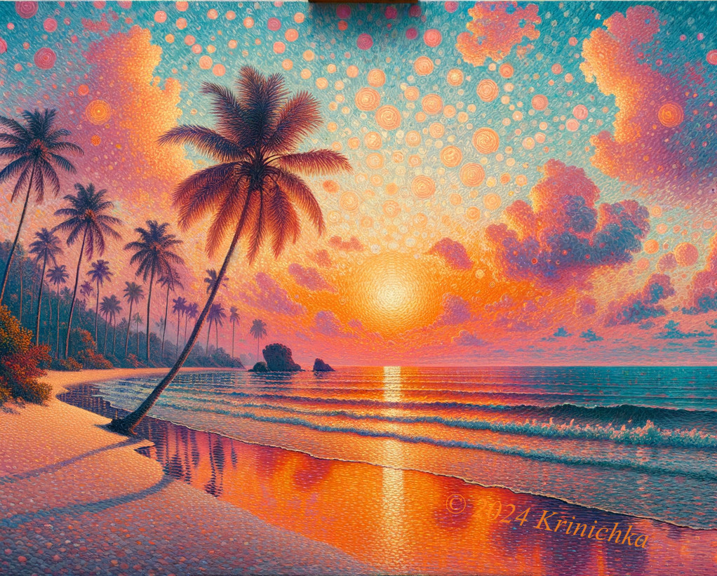 Vibrant Sunset Over Serene Beach with Silhouetted Palm Trees