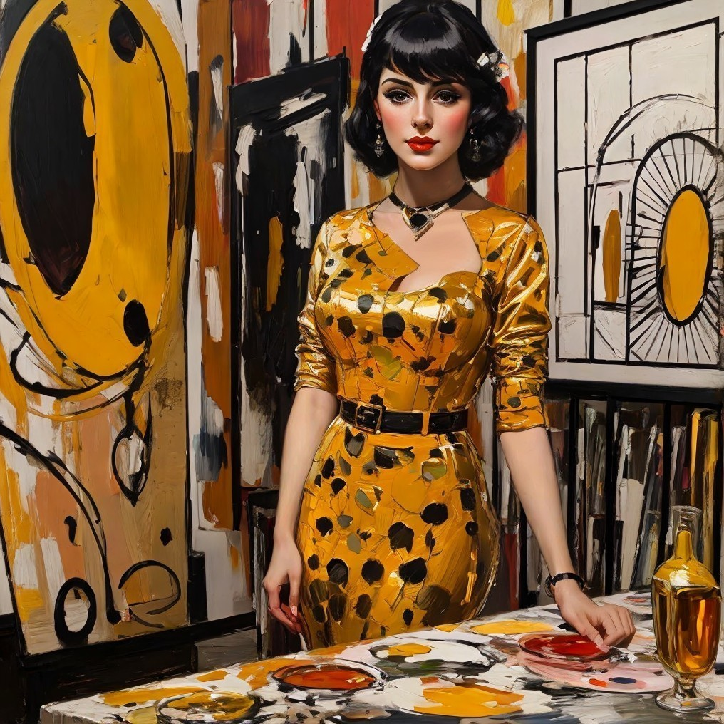 Stylish Woman in Yellow Dress Beside Abstract Artwork