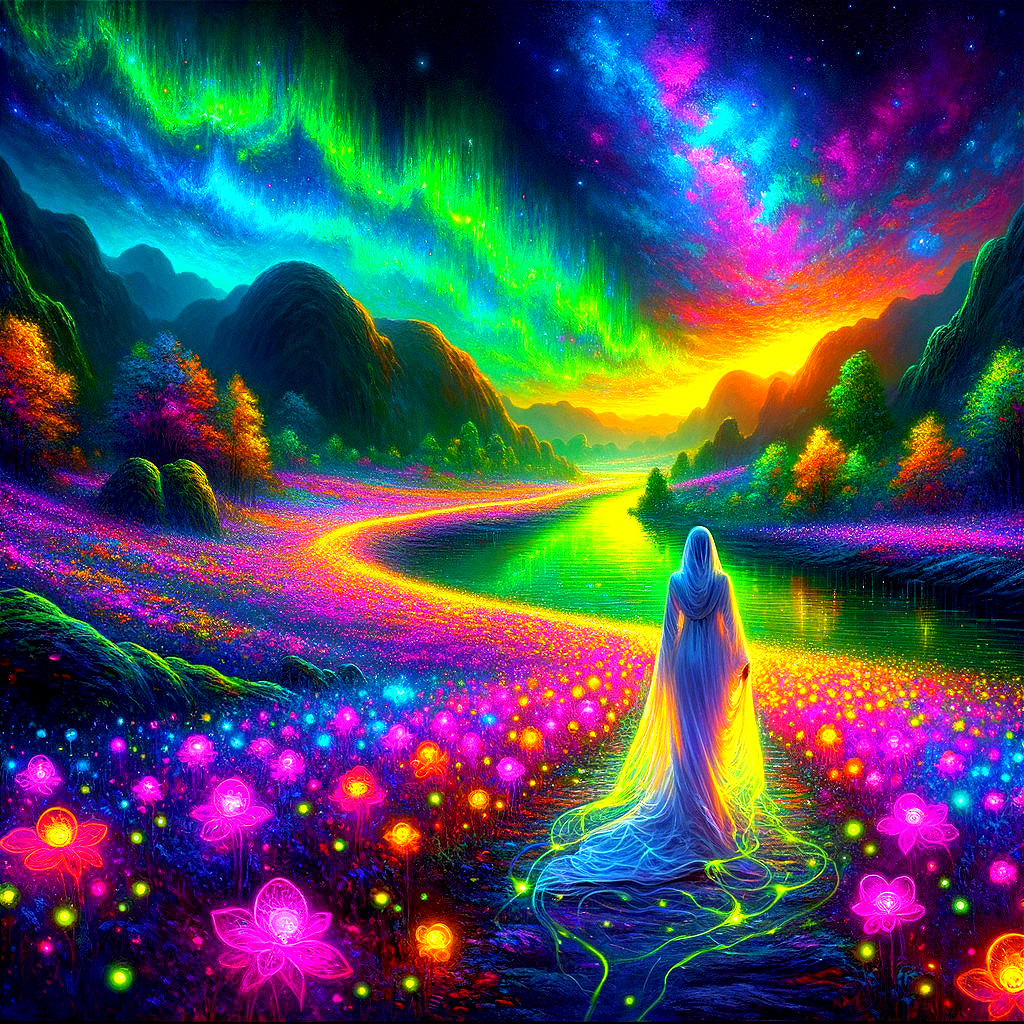 Mystical Landscape with Starry Sky and Vibrant Colors
